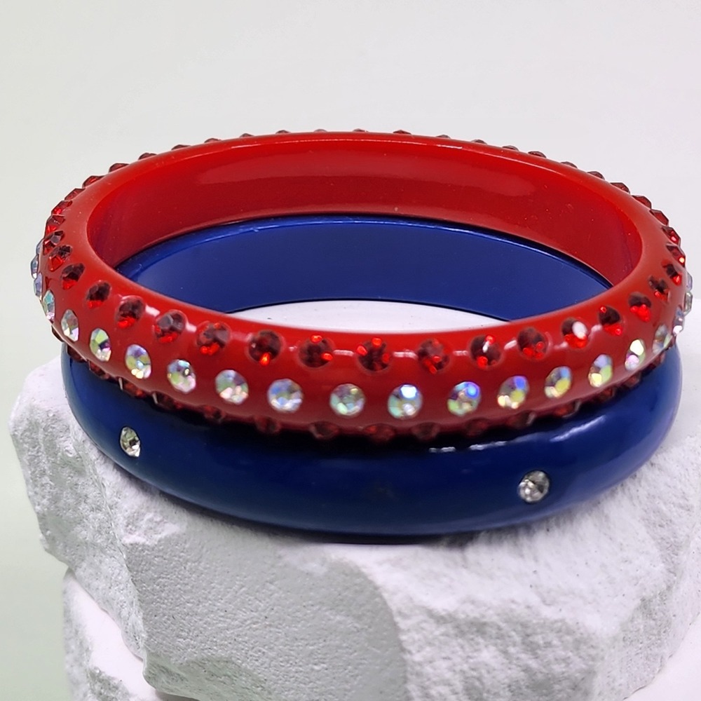 Lot of 2 Red Blue Rhinestone Bangle Bracelets Chunky Statement Retro Sparkle